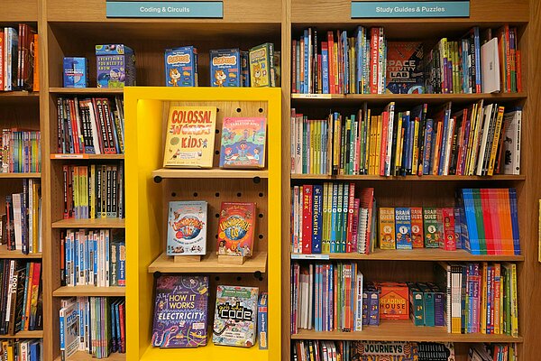 Bunte Kinderbücher in einem Regal einer Buchhandlung, die Wissen, Neugier und Selbstvertrauen fördern.